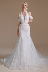 Elegant Long Mermaid Halter Tulle Floor Length Wedding Dress with Appliques Lace