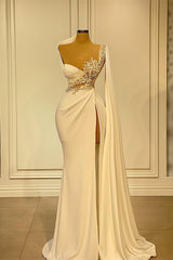 Long Mermaid Asymmetrical Ruffles Beading Satin Prom Dress With Slit
