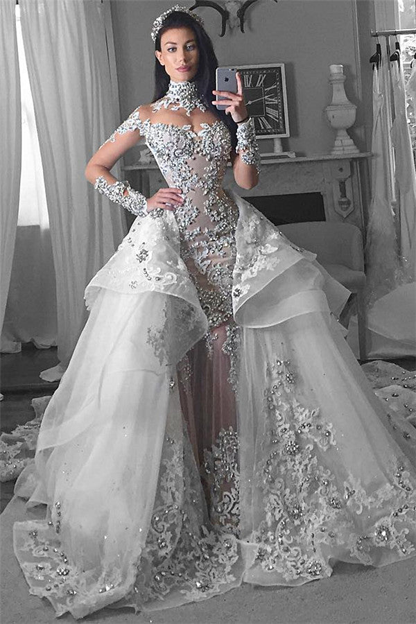 Glamorous Long Sleeves Tulle High Neck Mermaid Wedding Dresses with Detachable Overskirt