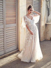Long A-line V Neck Half Sleeves Lace Backless Boho Wedding Dresses