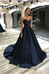 Long Spaghetti Straps Sweetheart Satin Prom Dress
