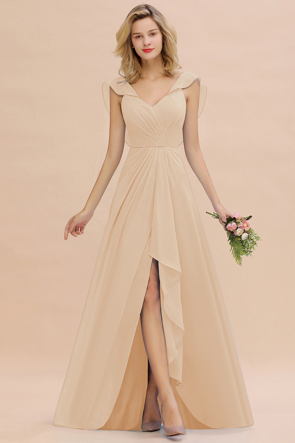 Simple High Low A-line V-Neck Ruffles Chiffon Champagne Bridesmaid Dress