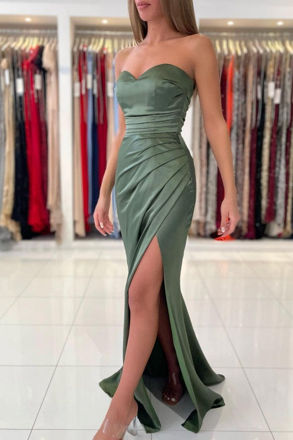 Long Mermaid Sweetheart Satin Front Slit Prom Dresses