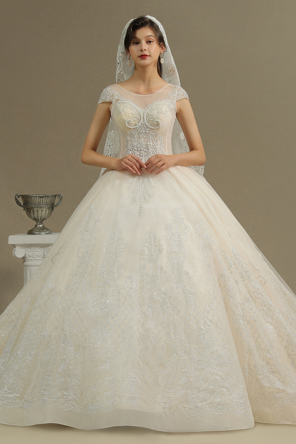 Luxury Long Ball Gown Tulle Lace Appliques Garden Wedding Dresses with Cap Sleeve