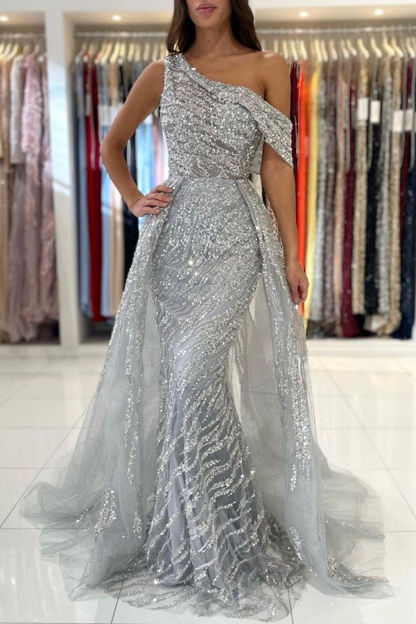 Silver Long Mermaid One Shoulder Glitter Tulle Formal Prom Dresses