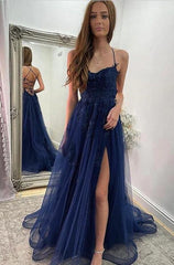Chic Long A-line Tulle Lace Open Back Formal Prom Dresses with Slit