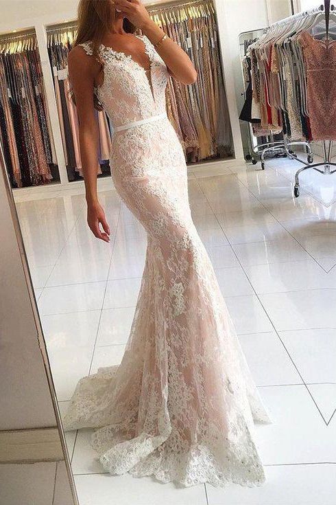 Long V-neck Wide Straps Lace Floor Length Mermaid Prom Dress