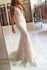 Long V-neck Wide Straps Lace Floor Length Mermaid Prom Dress