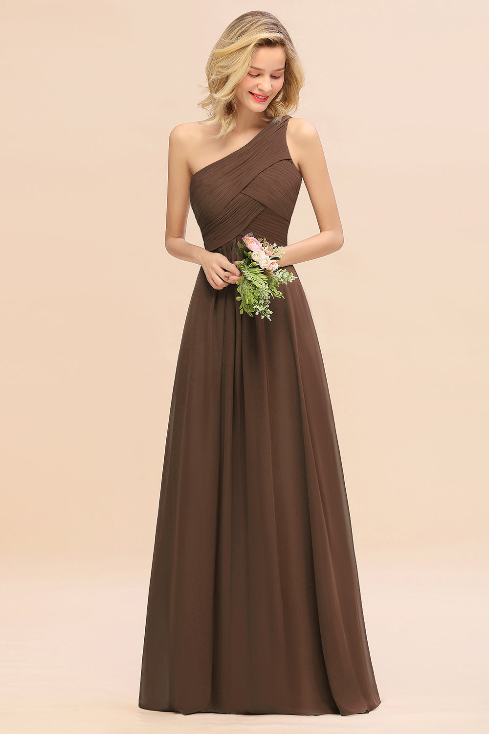 Elegant A-line Chiffon Ruffles One Shoulder Long Bridesmaid Dress