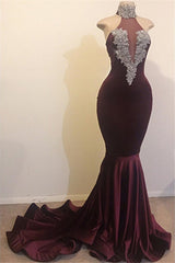 High Neck Backless Mermaid Satin Lace Long Prom Dress