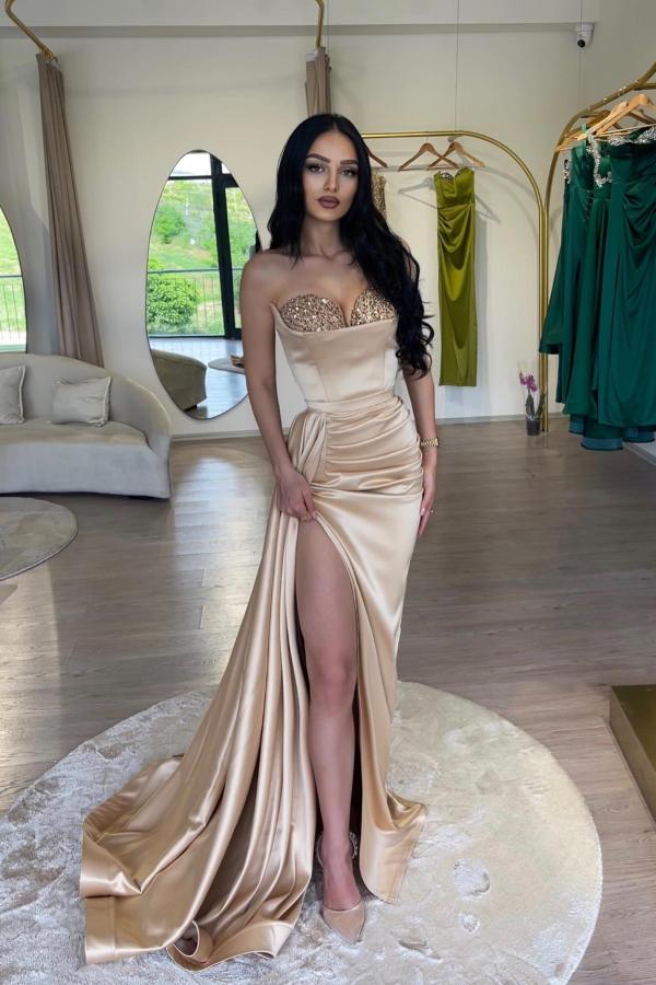 Elegant Long Mermaid Sweetheart Satin Beads Prom Dress with Slit