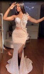 Long Mermaid One Shoulder Sleeveless Sequined Formal Prom Dresses with Slit
