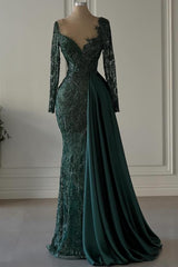 Elegant Dark Green Mermaid V-Neck Satin Lace Long Prom Dresses with Sleeves