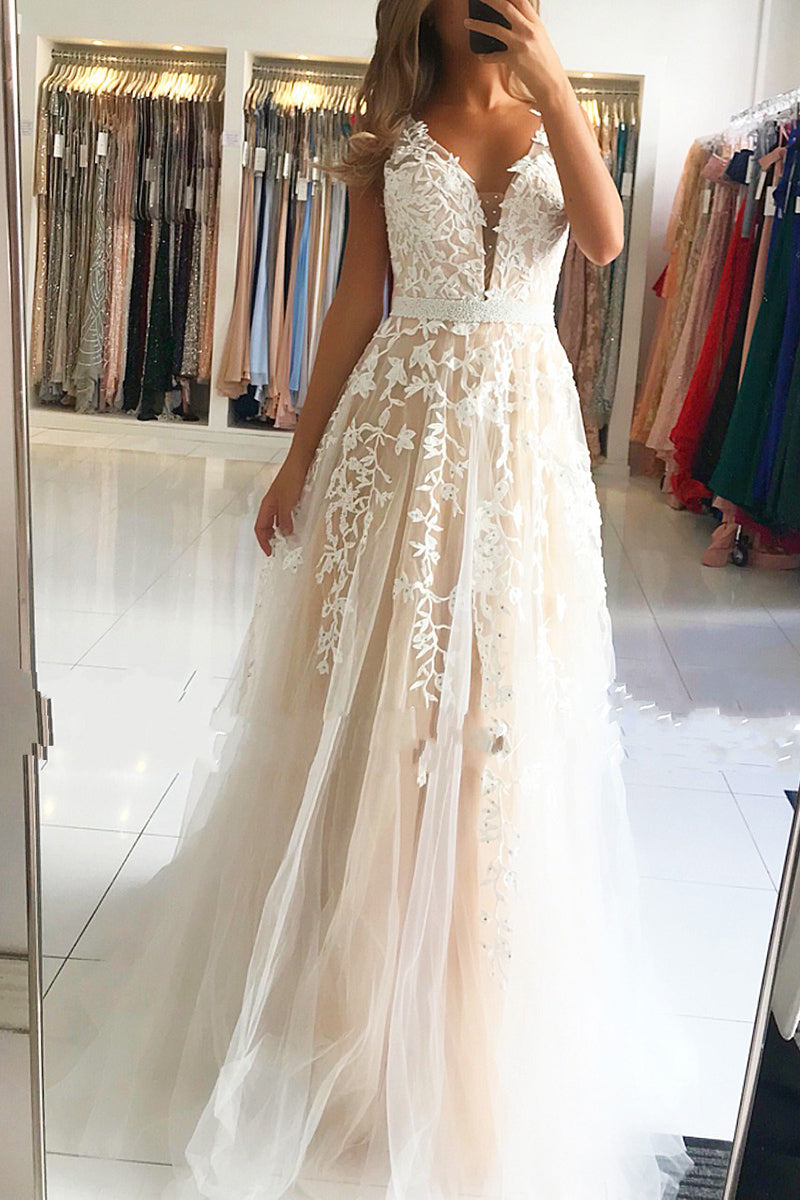 Long V-neck Open Back Lace Floor Length A-Line Ruffles Prom Dress