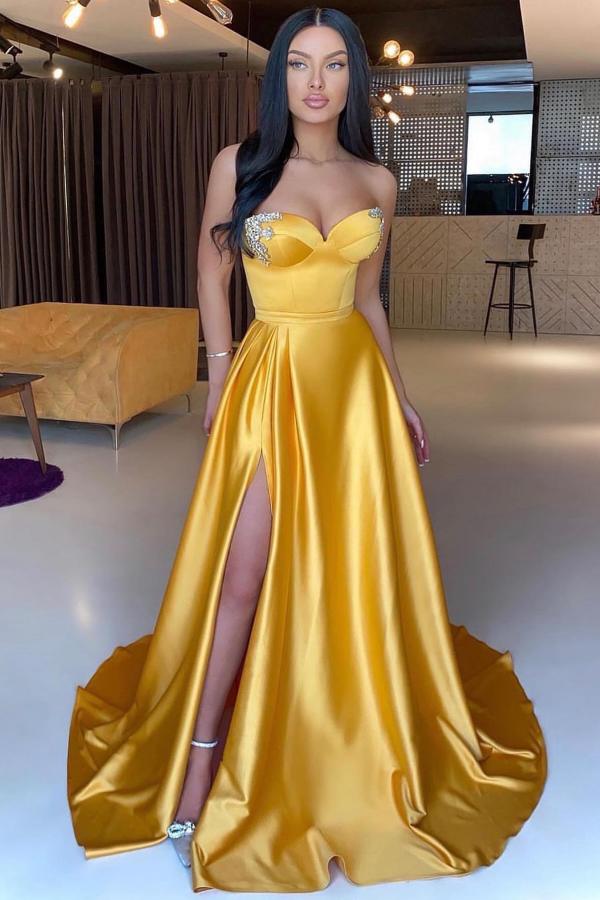Long A-line Sweetheart Satin Formal Prom Dress with Slit