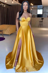 Long A-line Sweetheart Satin Formal Prom Dress with Slit