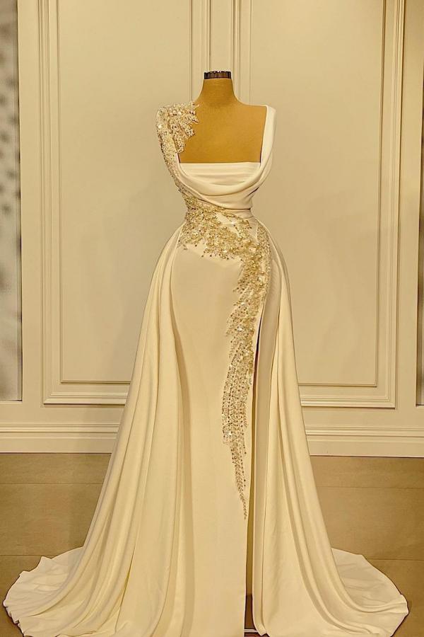 Long Mermaid Square Neckline Beading Ruffles Prom Dress With Side Slit