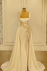 Long Mermaid Square Neckline Beading Ruffles Prom Dress With Side Slit