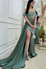 Mermaid Off the Shoulder Sweetheart Satin Long Appliques Prom Dress with High Split