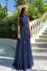 Long A-line Bateau Floor Length Sequins Ruffles Prom Dress With Sequins