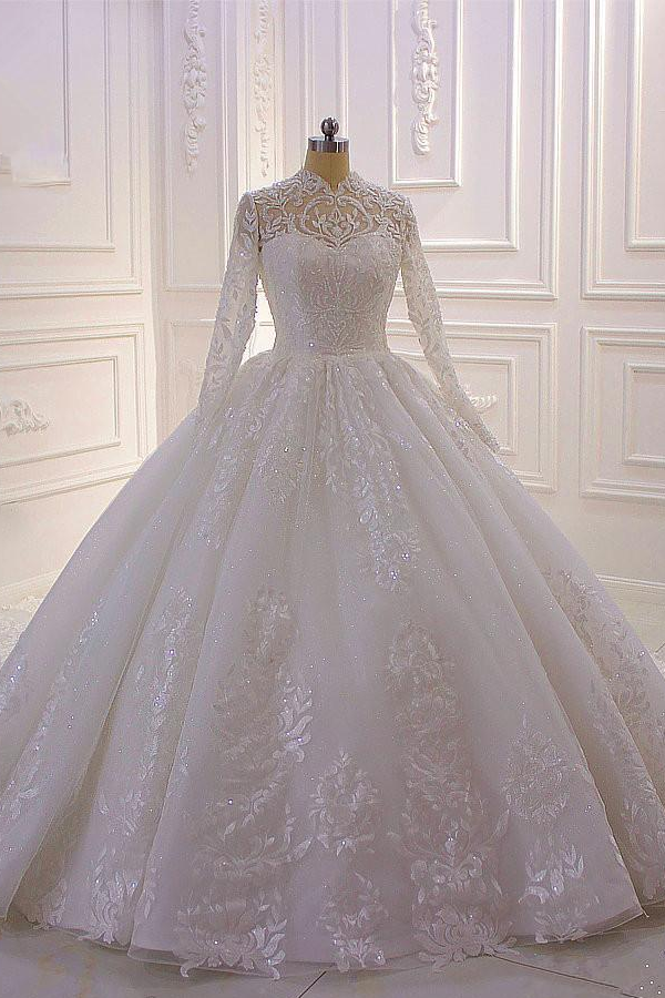 Classy Long Ball Gown High Neck Long Sleeve Appliques Lace Sequins Ruffles Wedding Dress