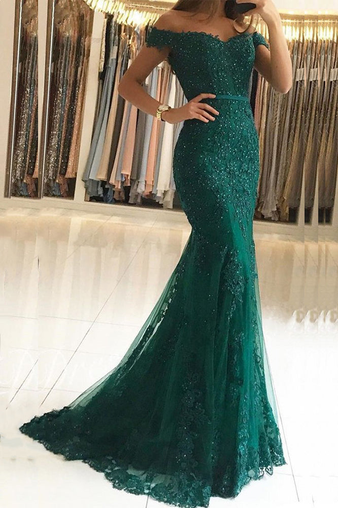 Elegant Long Off the Shoulder Appliques Lace Backless Tulle Mermaid Prom Dress