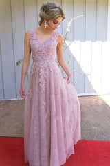 Elegant A-line Appliques Lace V-neck Backless Floor Length Tulle Prom Dresses