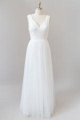 Long Open Back V-neck Lace Tulle A-line Wedding Dress