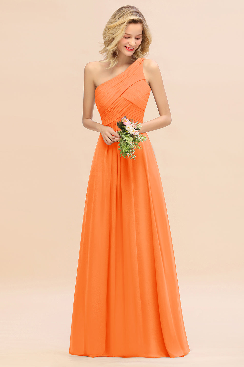 Elegant A-line Chiffon Ruffles One Shoulder Long Bridesmaid Dress