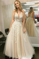 Long A-line V-neck Backless Tulle Floor Length Lace Prom Dress