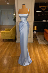 Modest Sky Blue Long Mermaid Spaghetti Straps Satin Formal Prom Dresses