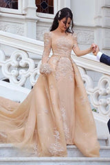 Gorgeous Long Sleeve Tulle Bateau Mermaid Wedding Dress with Detachable Train