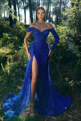 Long Mermaid Off the Shoulder High split Sequin Prom Dresses with Sleeves