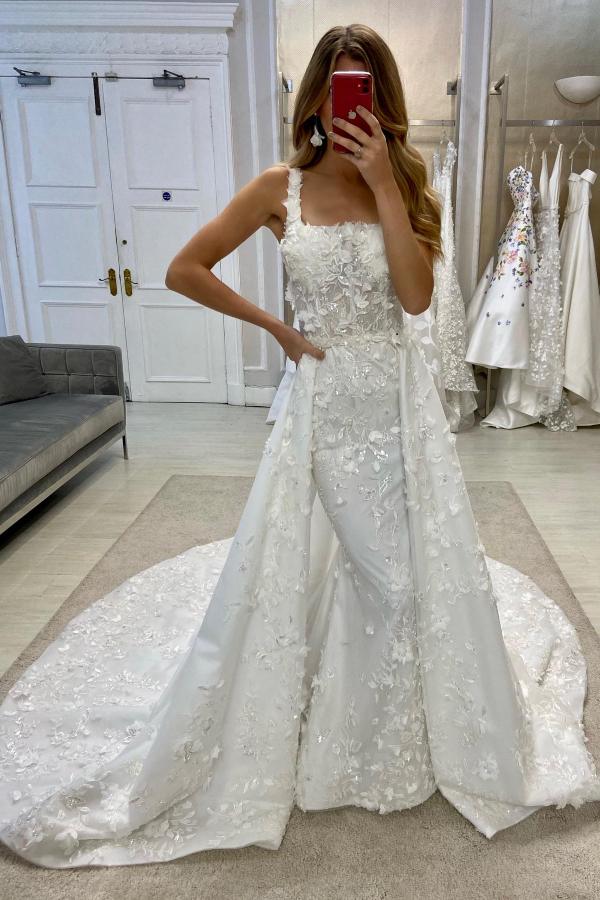 Long Mermaid Square Neck White Lace Wedding Dresses with Detachable Train