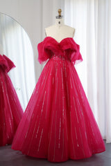 Charming Long A-line Off the Shoulder Sequins Tulle Formal Prom Dresses