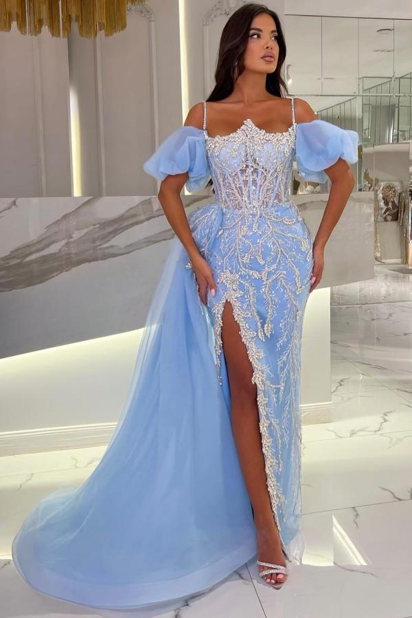 Long Mermaid Tulle Appliques Lace Off The Shoulder Formal Dress with slit