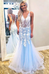 Long V-neck Backless Tulle Mermaid Prom Dress With Floral Lace