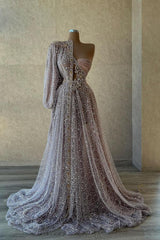 Long Sleeve A-line One Shoulder Tulle Long Formal Prom Dresses with Appliques