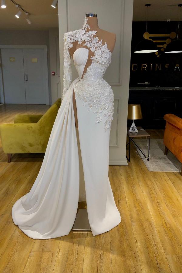 White Long Sleeves Mermaid One Shoulder Lace Evening Prom Dresses with Slit