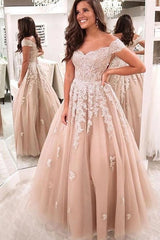 Long A-Line Off the Shoulder Appliques Lace Backless Floor Length Tulle Ruffles Prom Dress