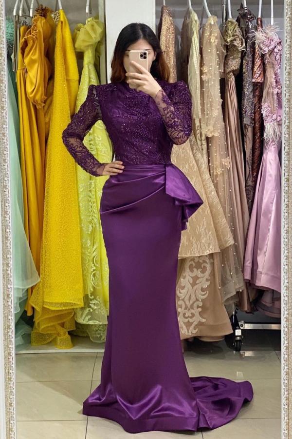 Elegant Long Mermaid Stretch Satin Jewel Lace Formal Dress with Sleeves