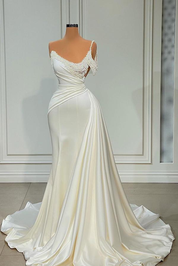 Elegant Long Mermaid One Shoulder Satin Prom Dresses with Beading