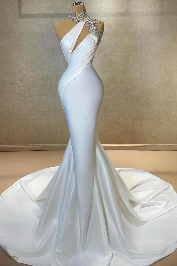 Stunning White Long Mermaid High Neck Sparkly Satin Prom Dress
