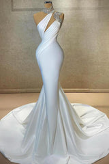 Stunning White Long Mermaid High Neck Sparkly Satin Prom Dress