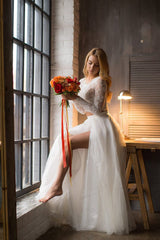 Long A-line Lace Tulle Two Piece Wedding Dress	 with Short Sleeve