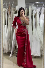 Elegant Long Mermaid Satin Floor Length Formal Evening Dress with Sleeves