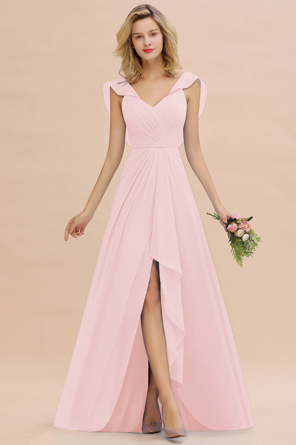 Simple High Low A-line V-Neck Ruffles Chiffon Blushing Pink Bridesmaid Dress