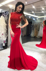 Red Long Sleeveless Beading Backless Floor Length Mermaid Prom Dress