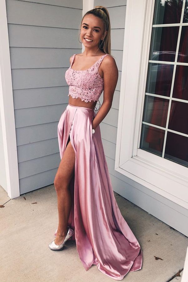 Two Piece Long Square Neckline Lace A-Line Split Prom Dress With Pockets