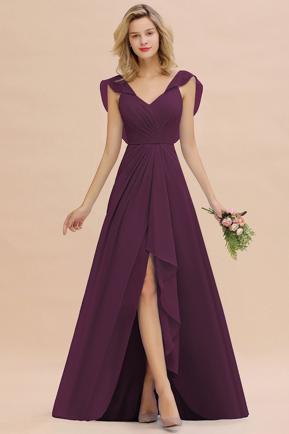 Simple High Low A-line V-Neck Ruffles Chiffon Grape Bridesmaid Dress